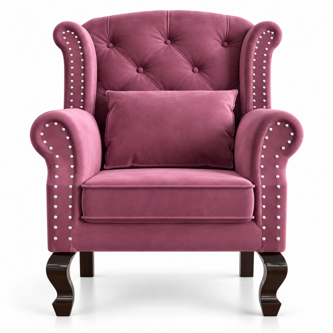 Wooden Twist Majestic Velvet Wingback Chair Dark Pink – Front View Close-Up