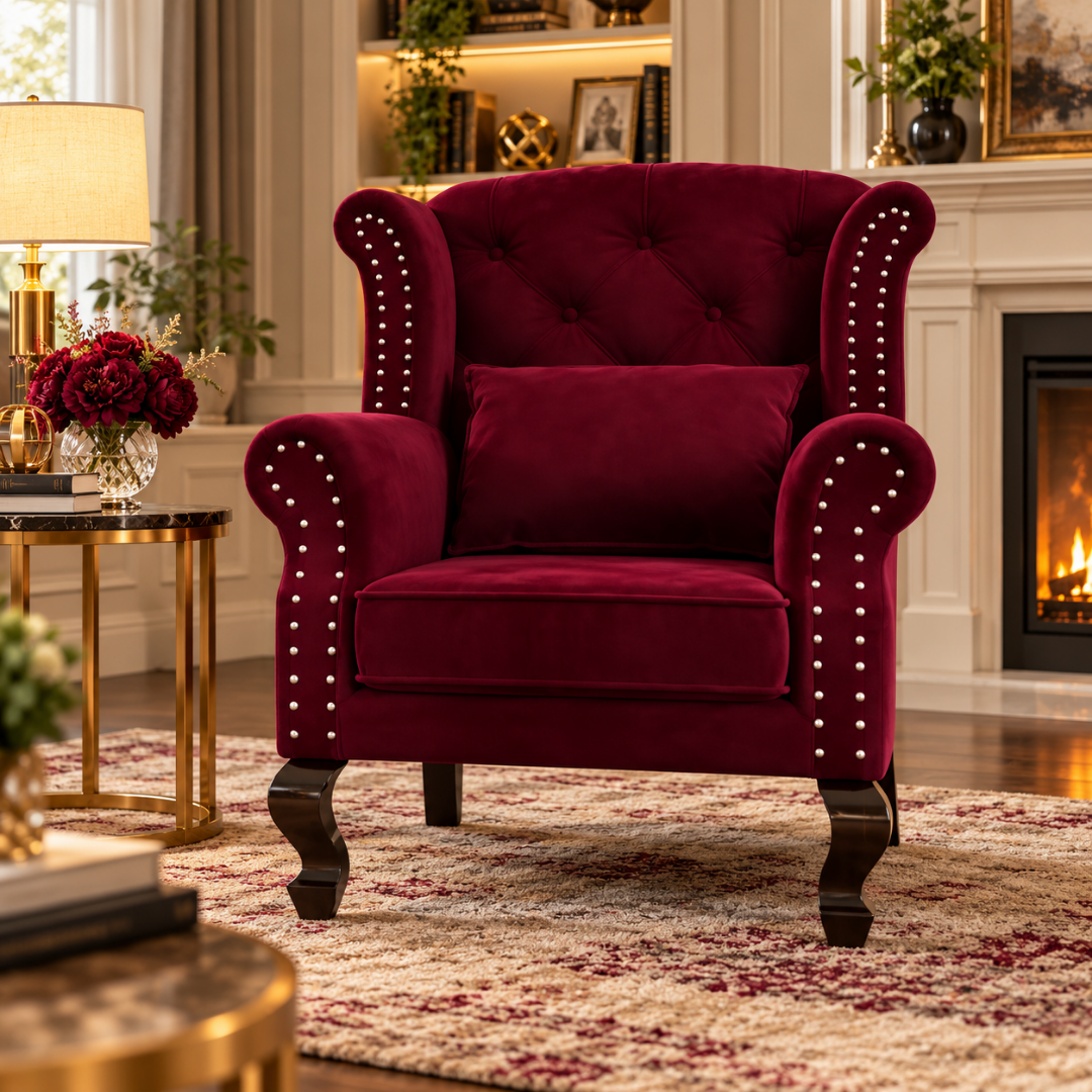 Wooden Twist Majestic Velvet Wingback Chair Maroon – Living Room