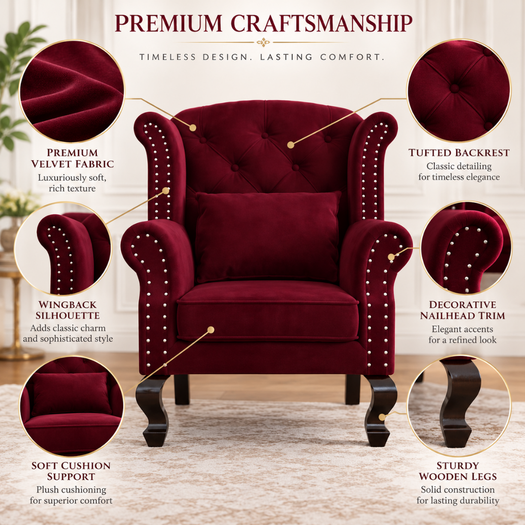 Wooden Twist Majestic Velvet Wingback Chair Maroon – Key Features