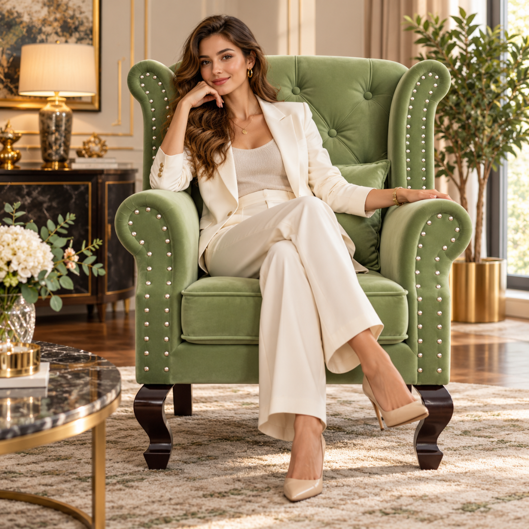 Wooden Twist Majestic Velvet Wingback Chair Green – Lifestyle with Model