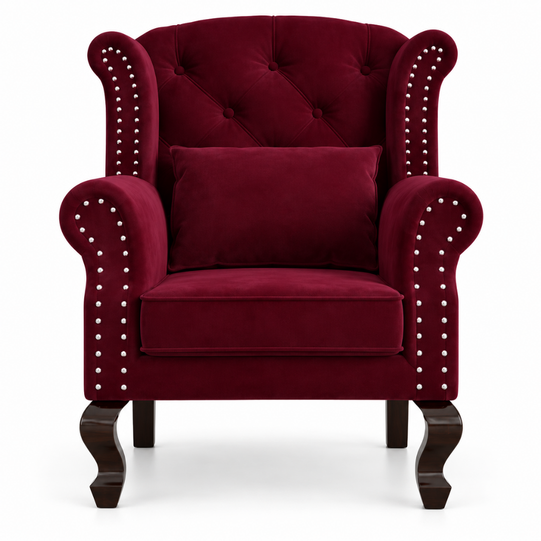 Wooden Twist Majestic Velvet Wingback Chair Maroon – Front View