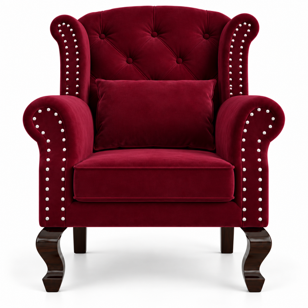 Wooden Twist Majestic Velvet Wingback Chair Maroon – Front View Close-Up
