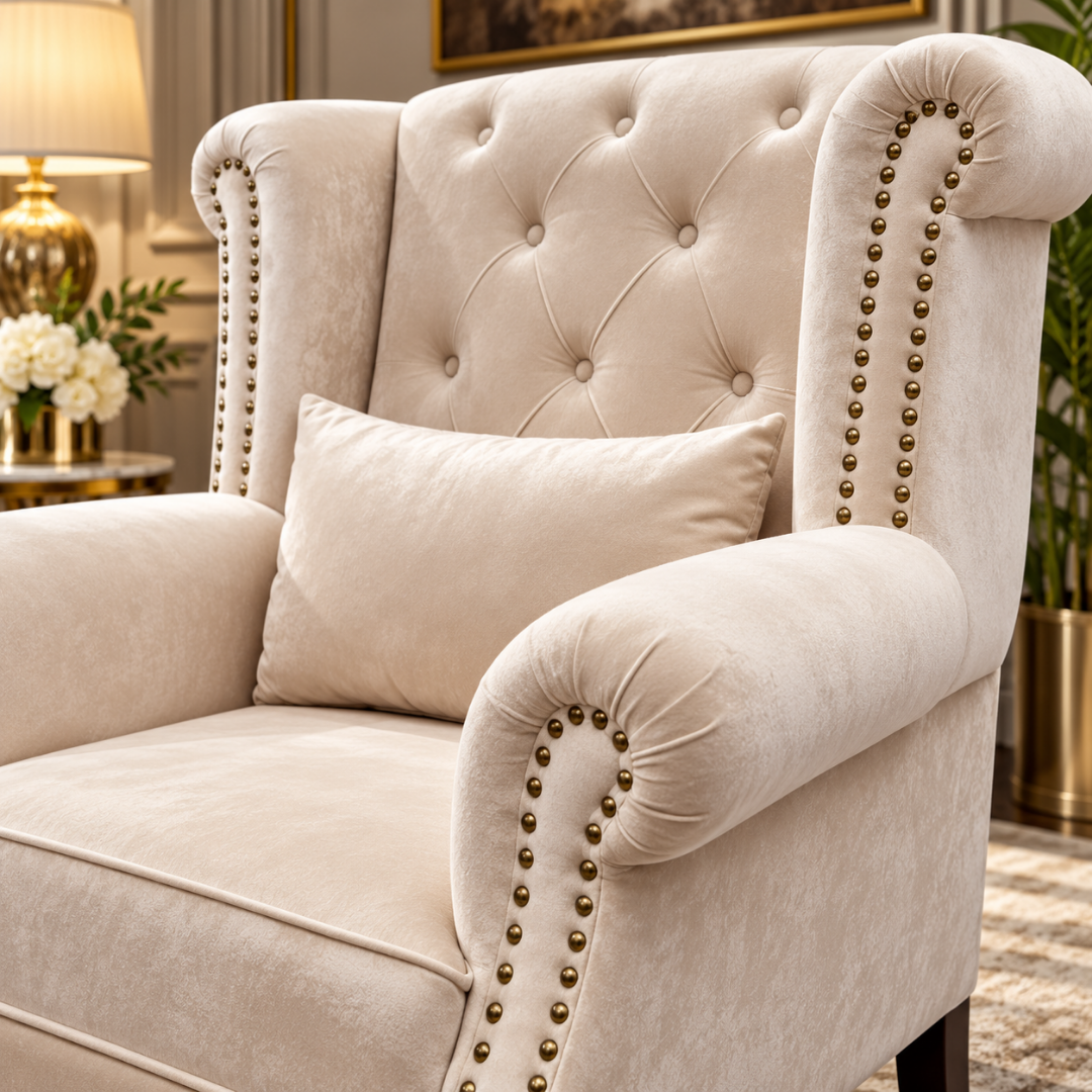 Wooden Twist Majestic Velvet Wingback Chair Beige – Velvet Close-Up