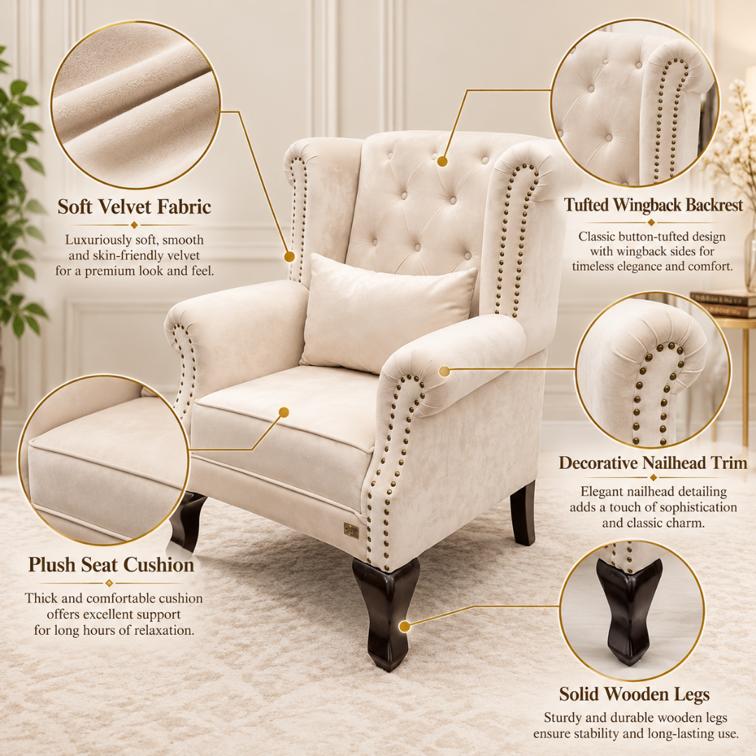 Wooden Twist Majestic Velvet Wingback Chair Beige – Key Features