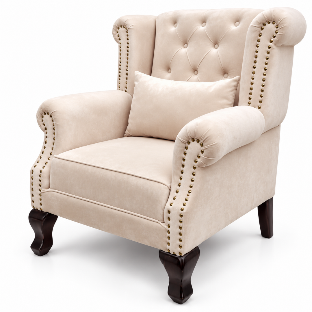 Wooden Twist Majestic Velvet Wingback Chair Beige – Angle View