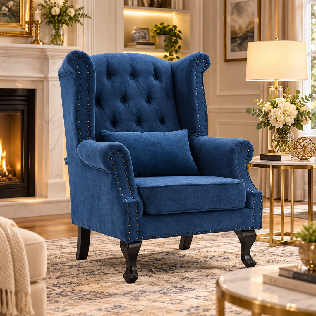 Wooden Twist Majestic Velvet Wingback Chair Blue – Living Room