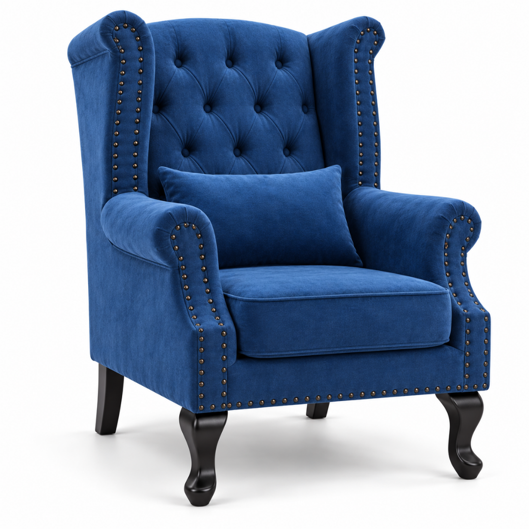 Wooden Twist Majestic Velvet Wingback Chair Blue – Front View Close-Up