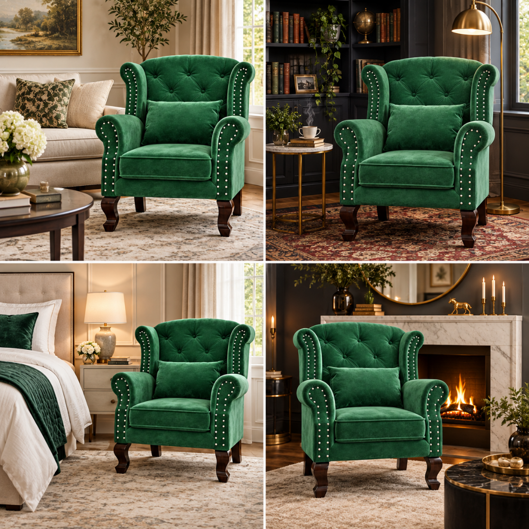 Wooden Twist Majestic Velvet Wingback Chair Dark Green – Room Styling Ideas