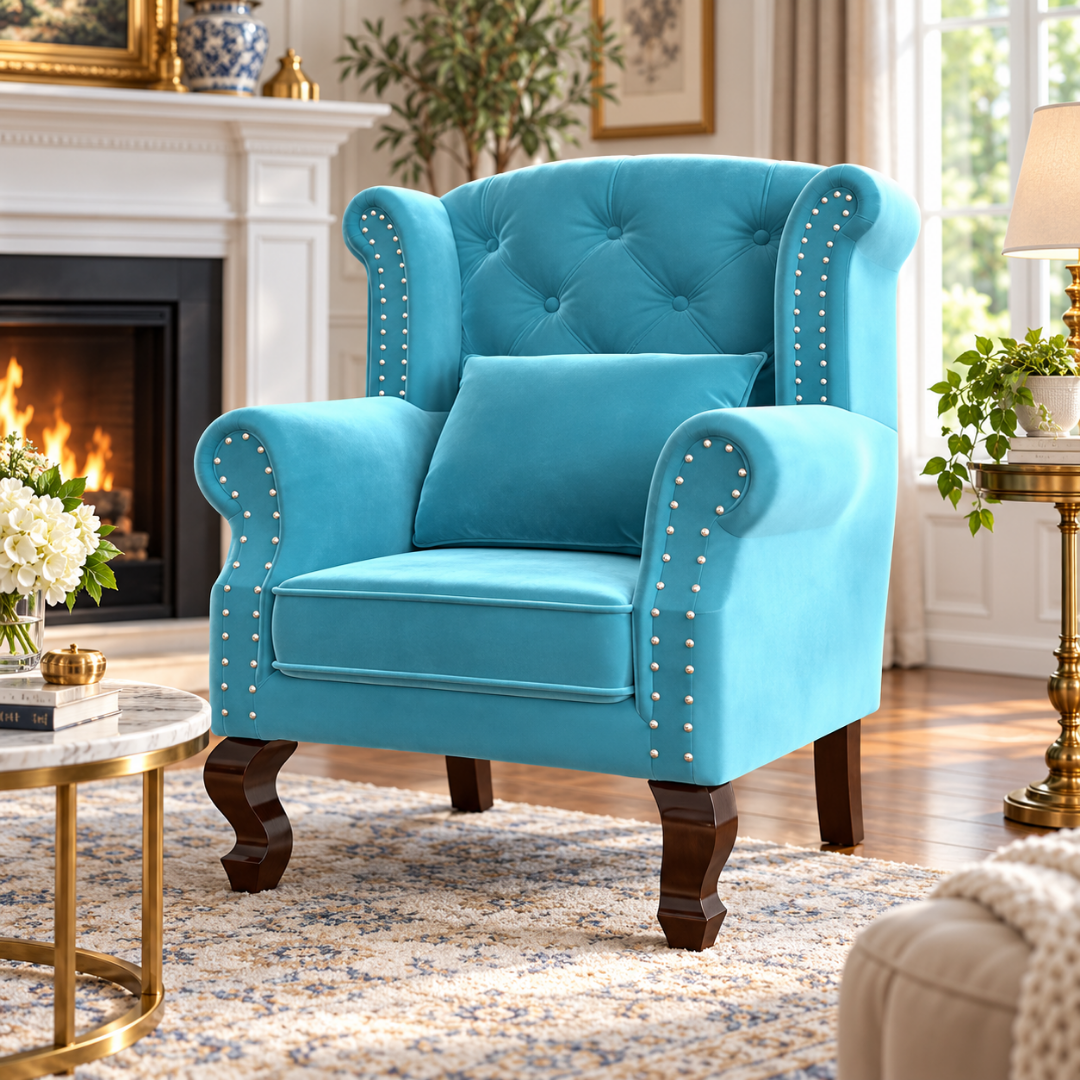 Wooden Twist Majestic Velvet Wingback Chair Sky Blue – Living Room