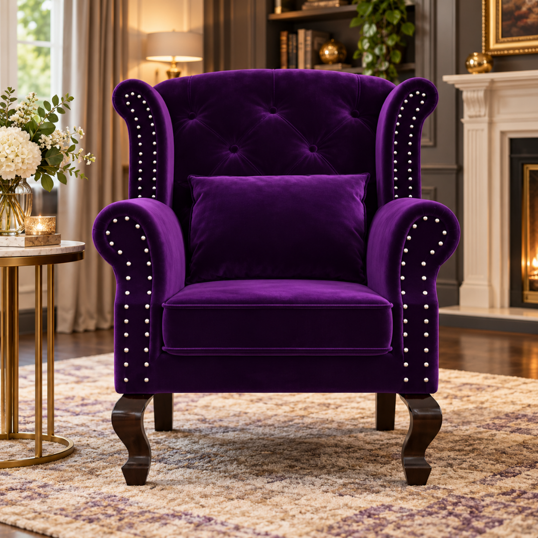 Wooden Twist Majestic Velvet Wingback Chair Purple – Living Room