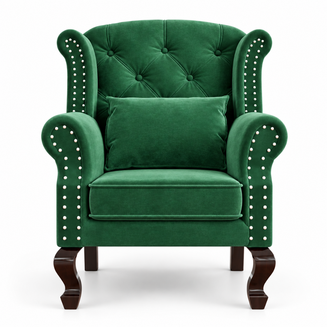 Wooden Twist Majestic Velvet Wingback Chair Dark Green – Front View Close-Up