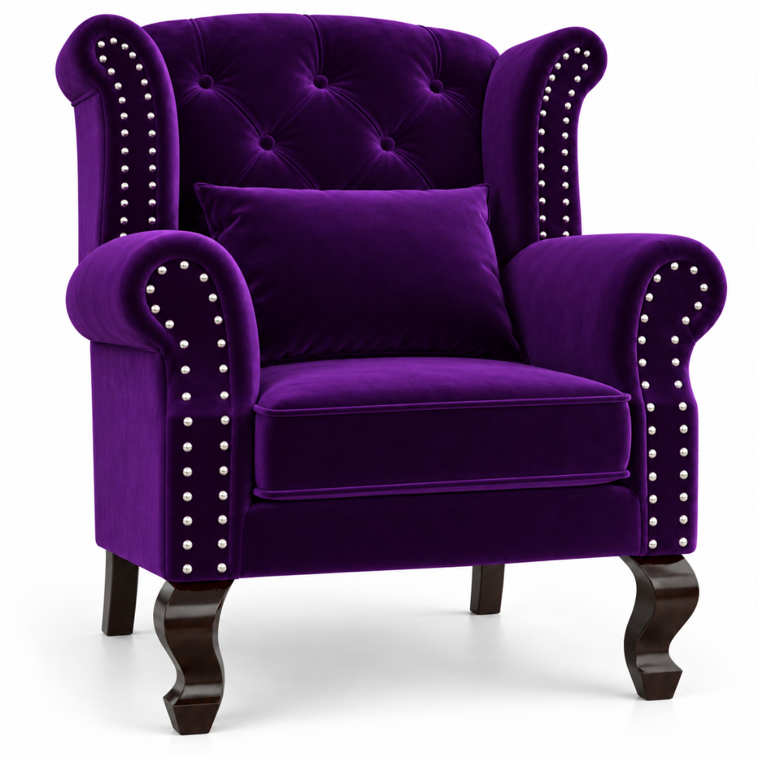 Wooden Twist Majestic Velvet Wingback Chair Purple – Angle View