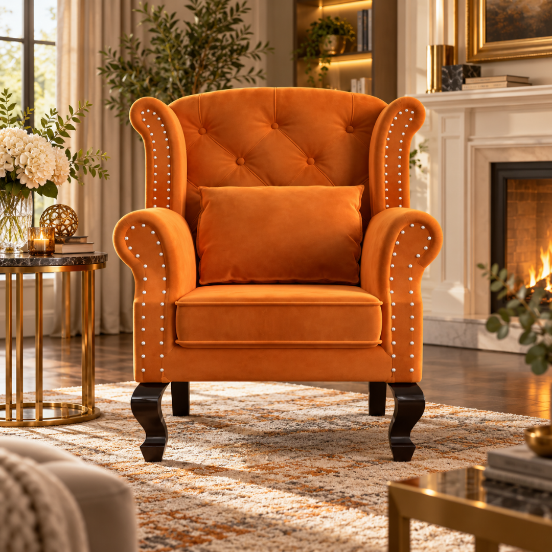 Wooden Twist Majestic Velvet Wingback Chair Orange – Living Room