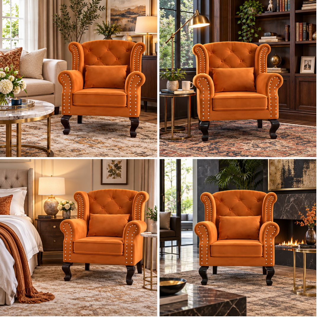 Wooden Twist Majestic Velvet Wingback Chair Orange – Room Styling Ideas