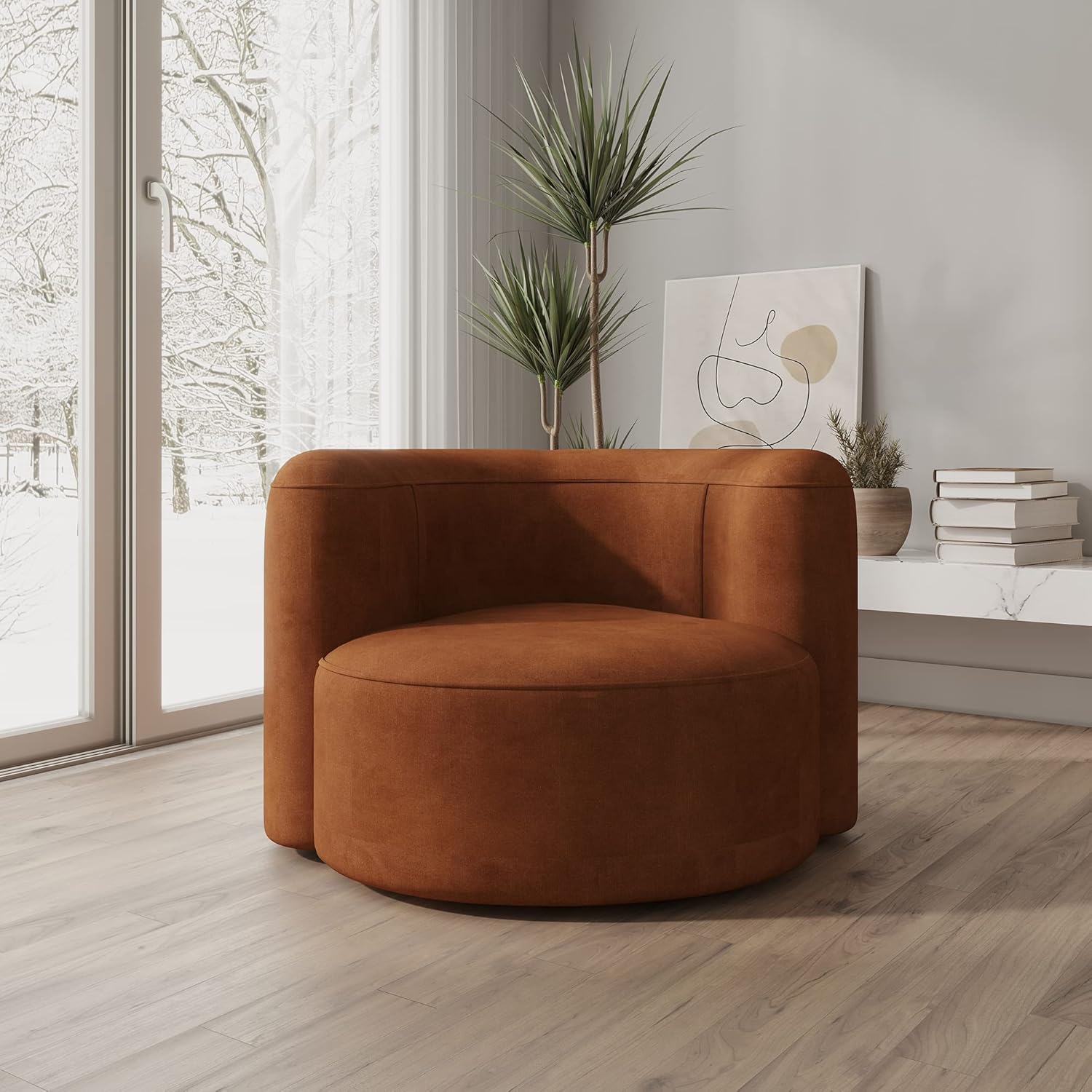 Brown armchair in a modern living room with a window and decor elements.