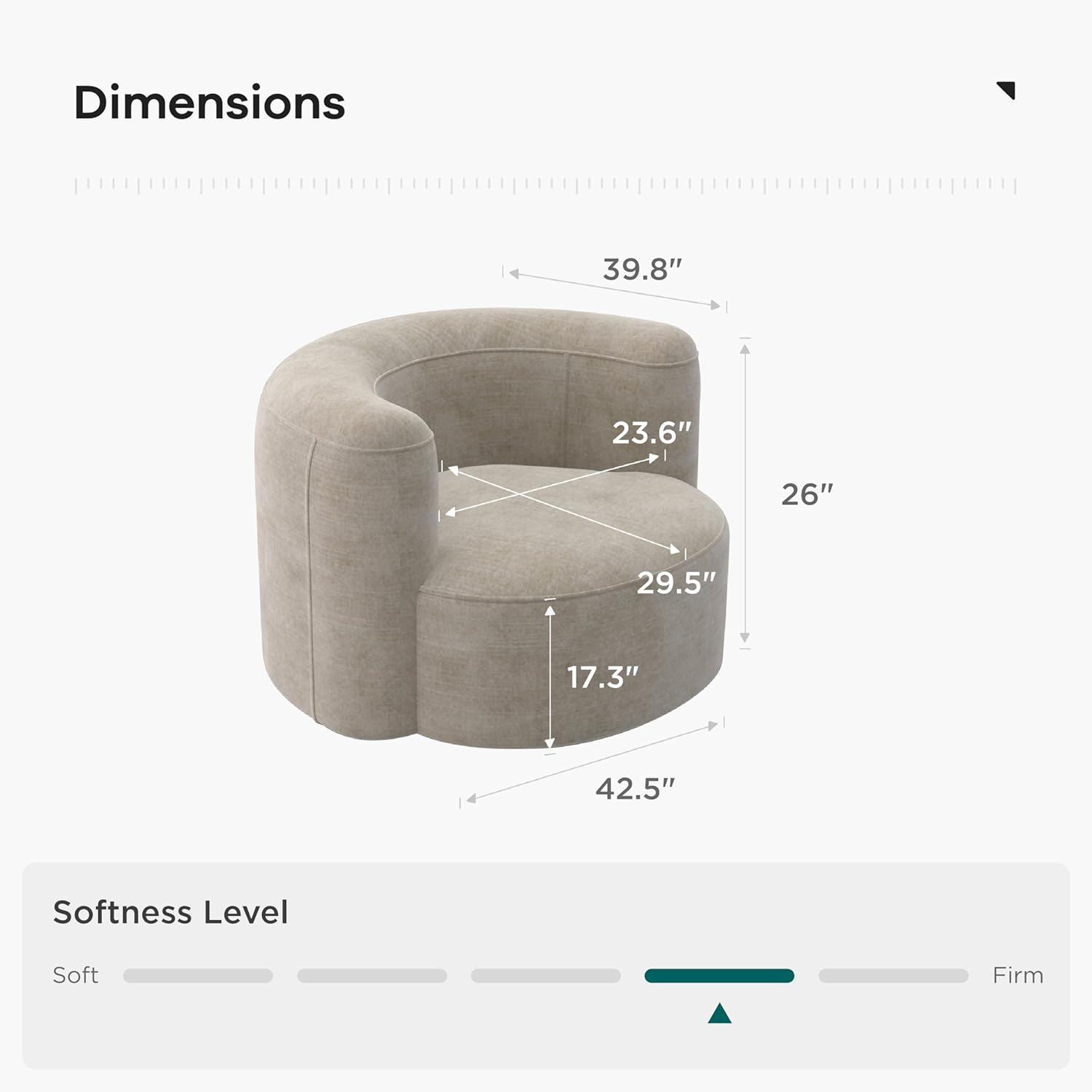 Gray cushion with dimensions displayed on a white background