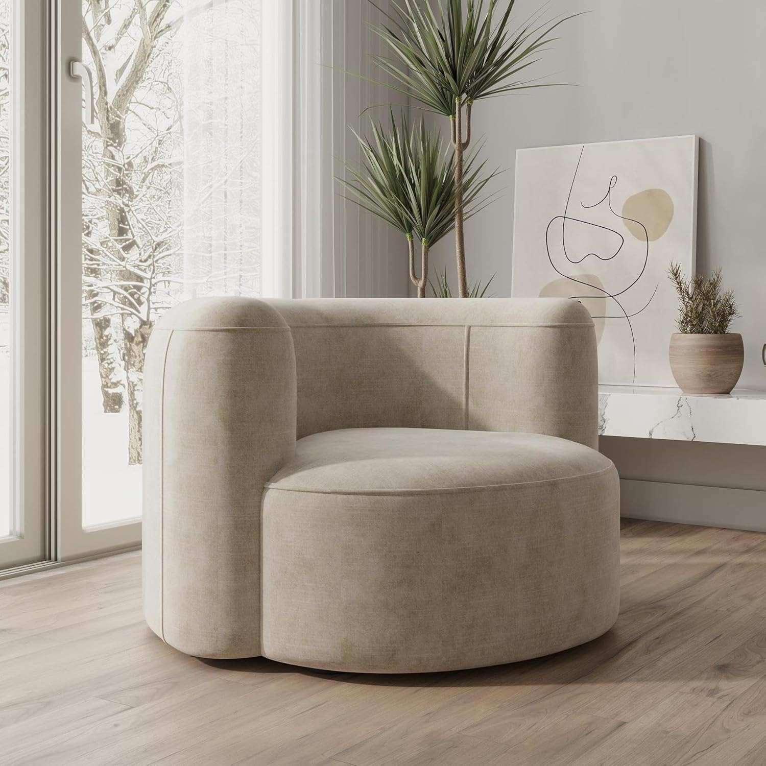 Beige armchair in a modern living room with a large window and decorative plants.