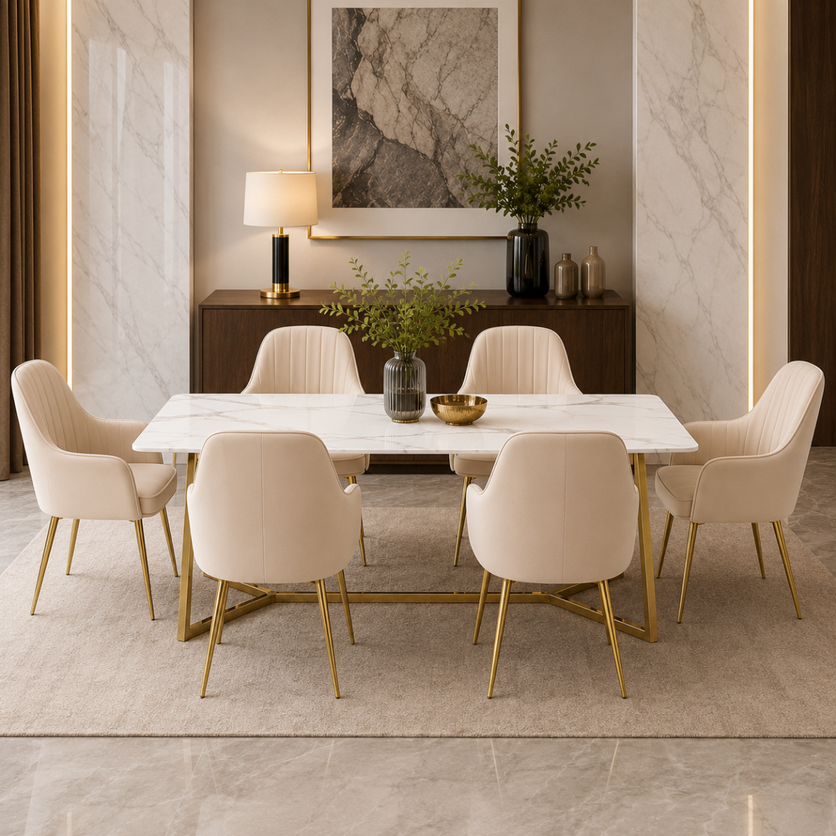 Modern dining room with a marble table and beige chairs.