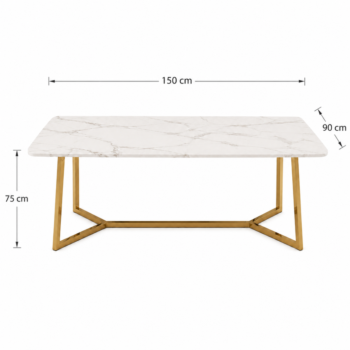 Coffee table with marble top and gold legs, shown with dimensions on a white background