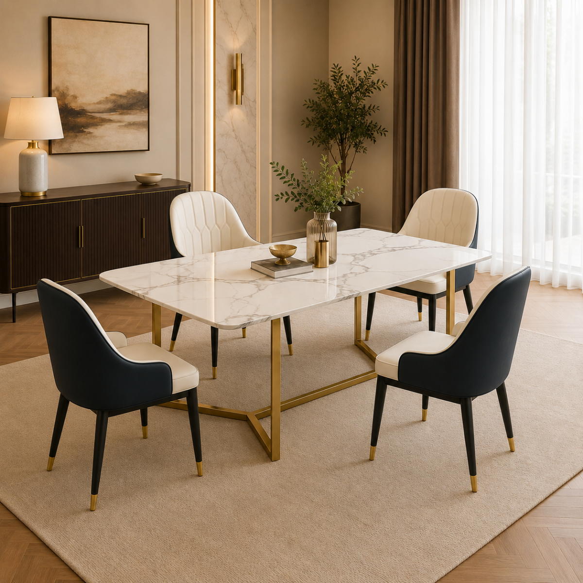 Wooden Twist Mozzy Luxury Marble Top Stainless Steel Dining Table with 4 Chairs