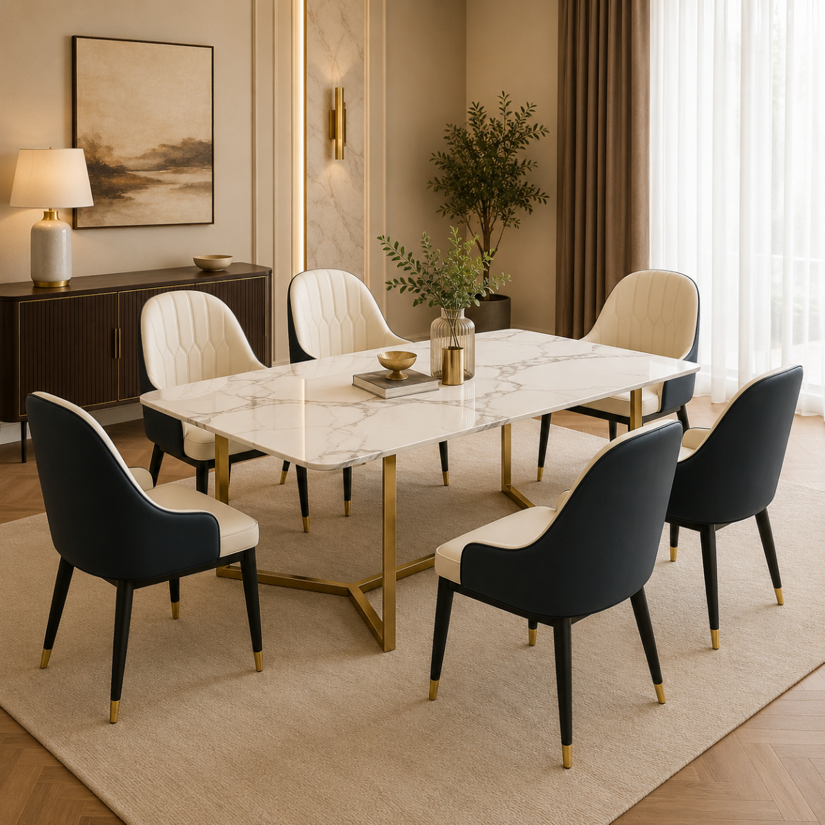 Dining room with marble table and modern chairs in a stylish interior.
