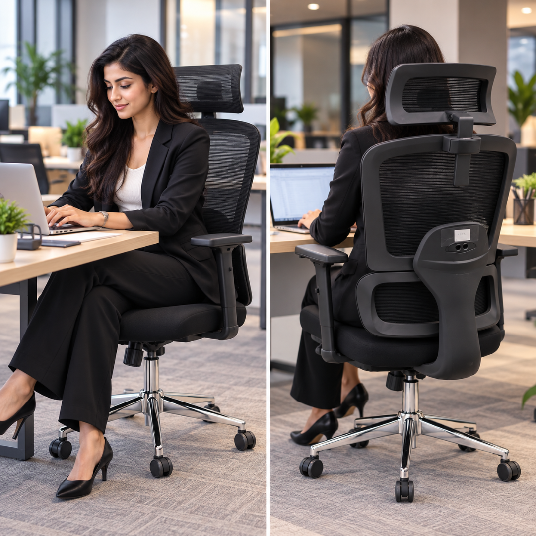Wooden Twist Orvia Ergonomic Mesh Office Chair Black – Woman Working at Desk