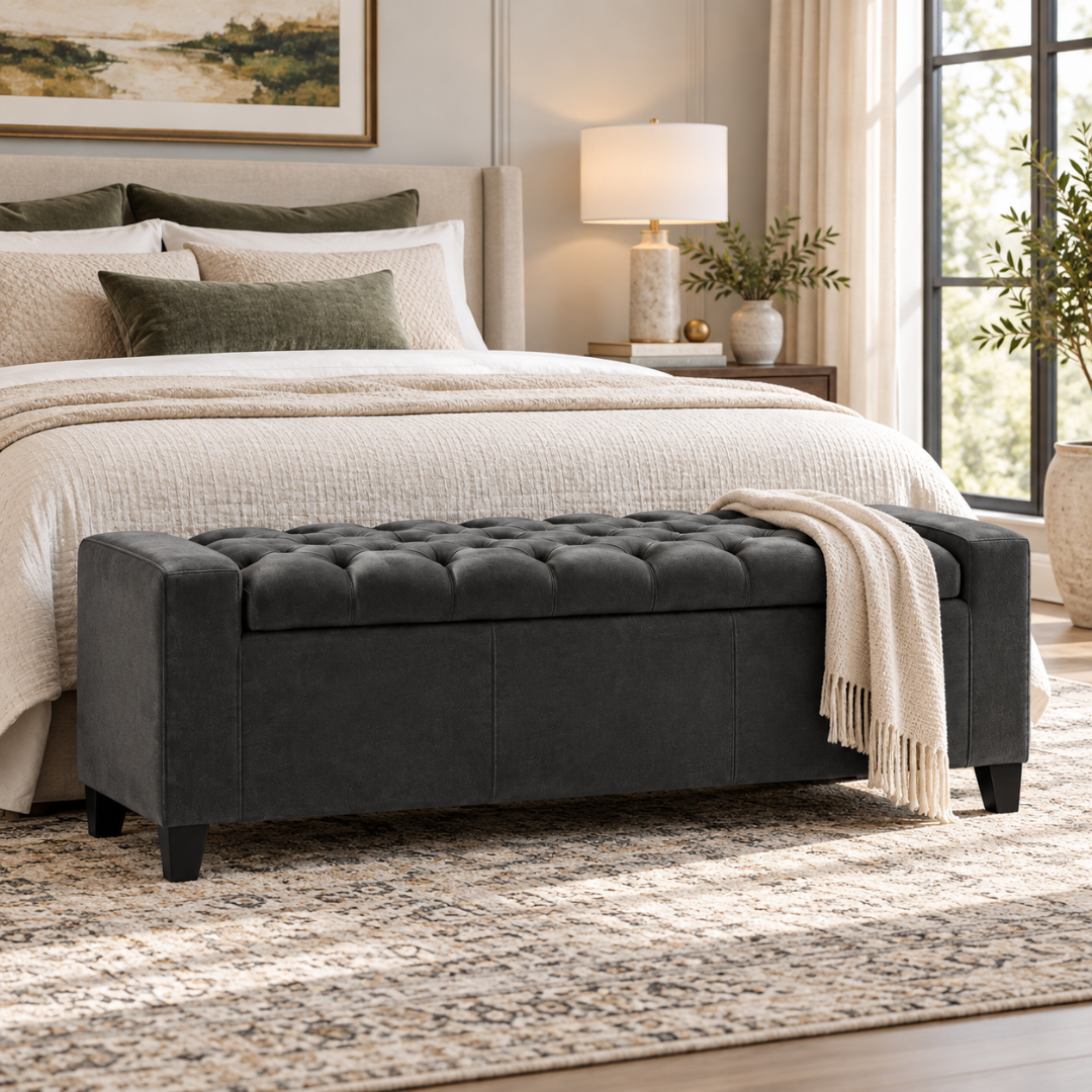 Wooden Twist Raffinee tufted velvet flip top storage bench in dark gray – lifestyle view at the foot of a bed