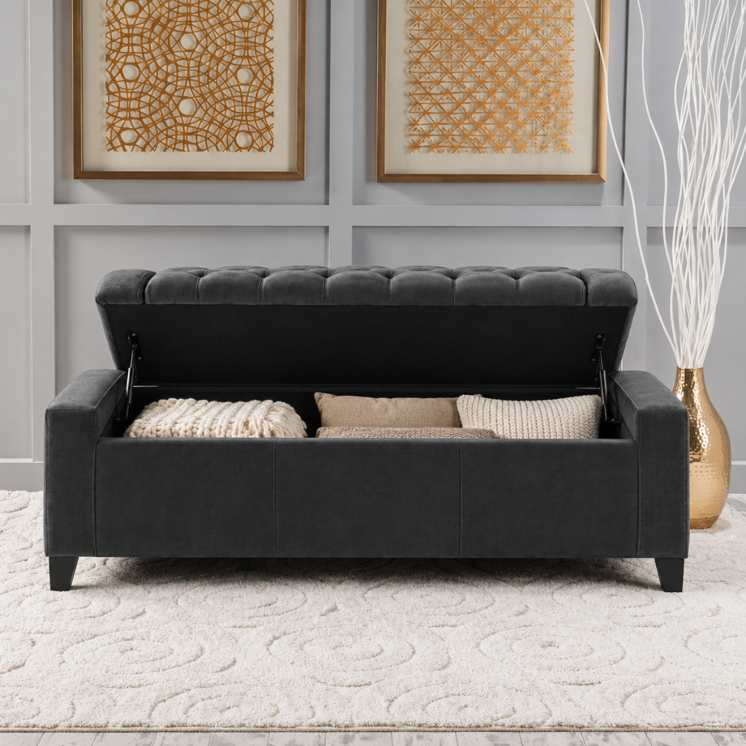 Wooden Twist Raffinee dark gray storage bench – flip top open showing blanket and pillow storage