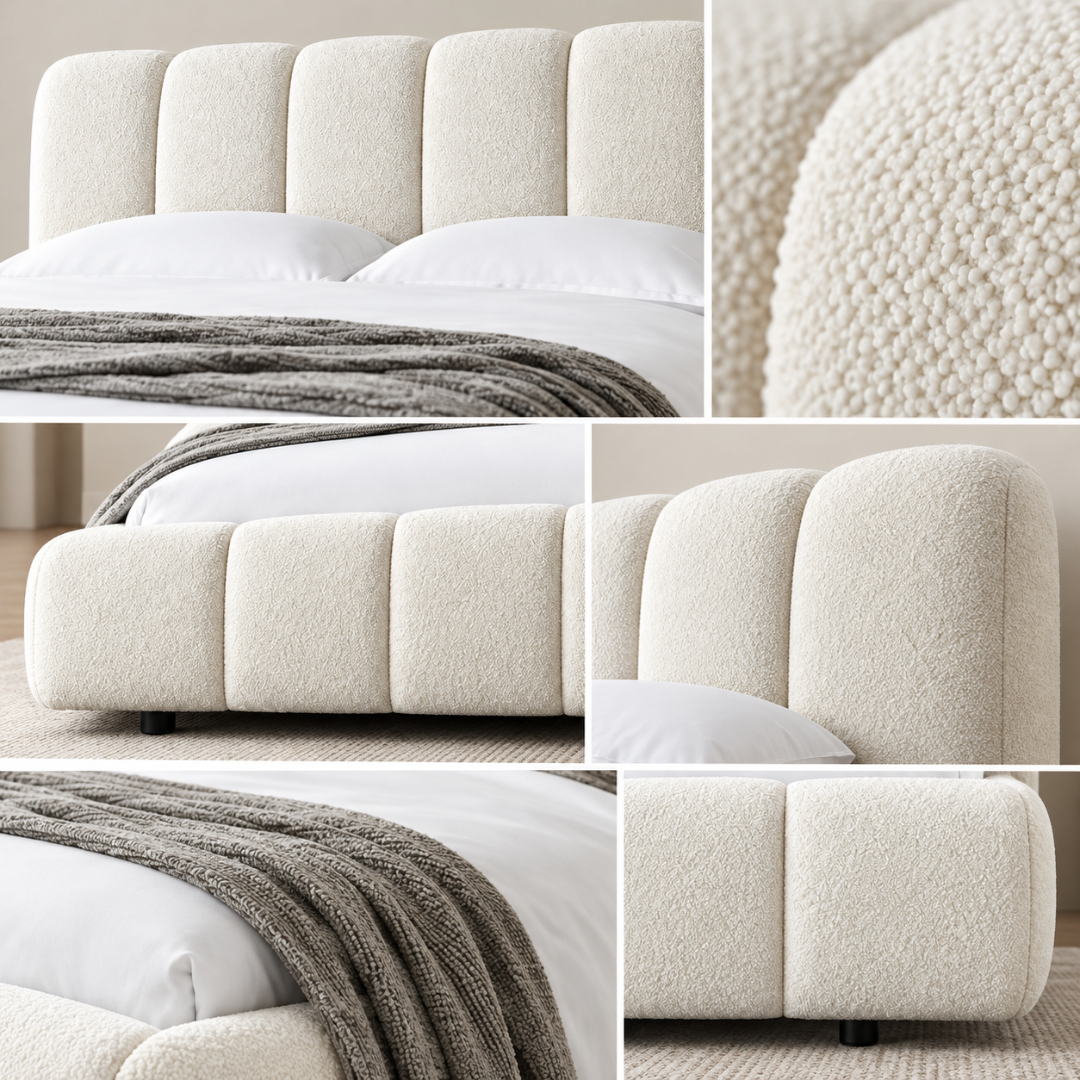 Wooden Twist Tactic Channel Tufted Boucle Bed White – Boucle Fabric & Channel Tufting Details