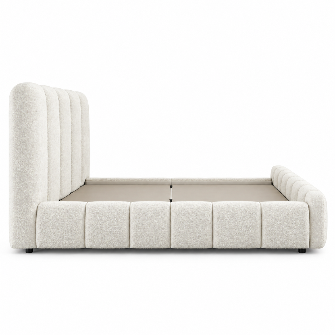 Wooden Twist Tactic Channel Tufted Boucle Bed White – Side View of Bed Frame