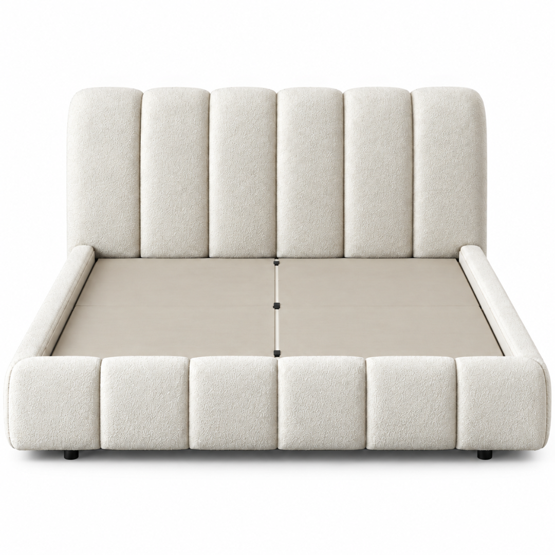 Wooden Twist Tactic Channel Tufted Boucle Bed White – Platform Base View