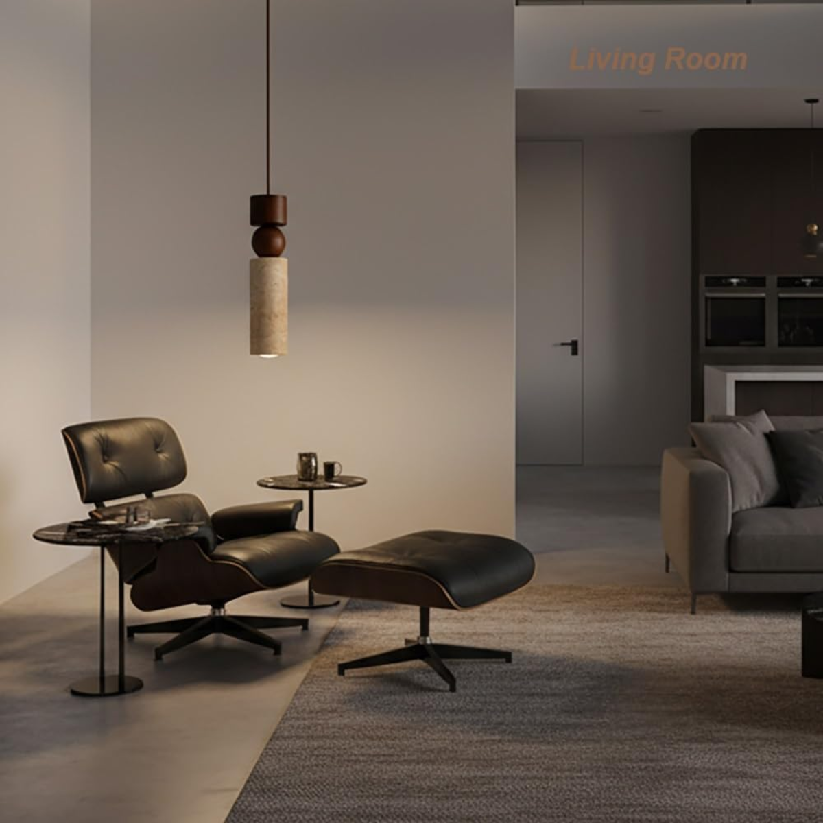 Woodora Travertine & Walnut Wood Pendant Light - living room scene beside a leather lounge chair