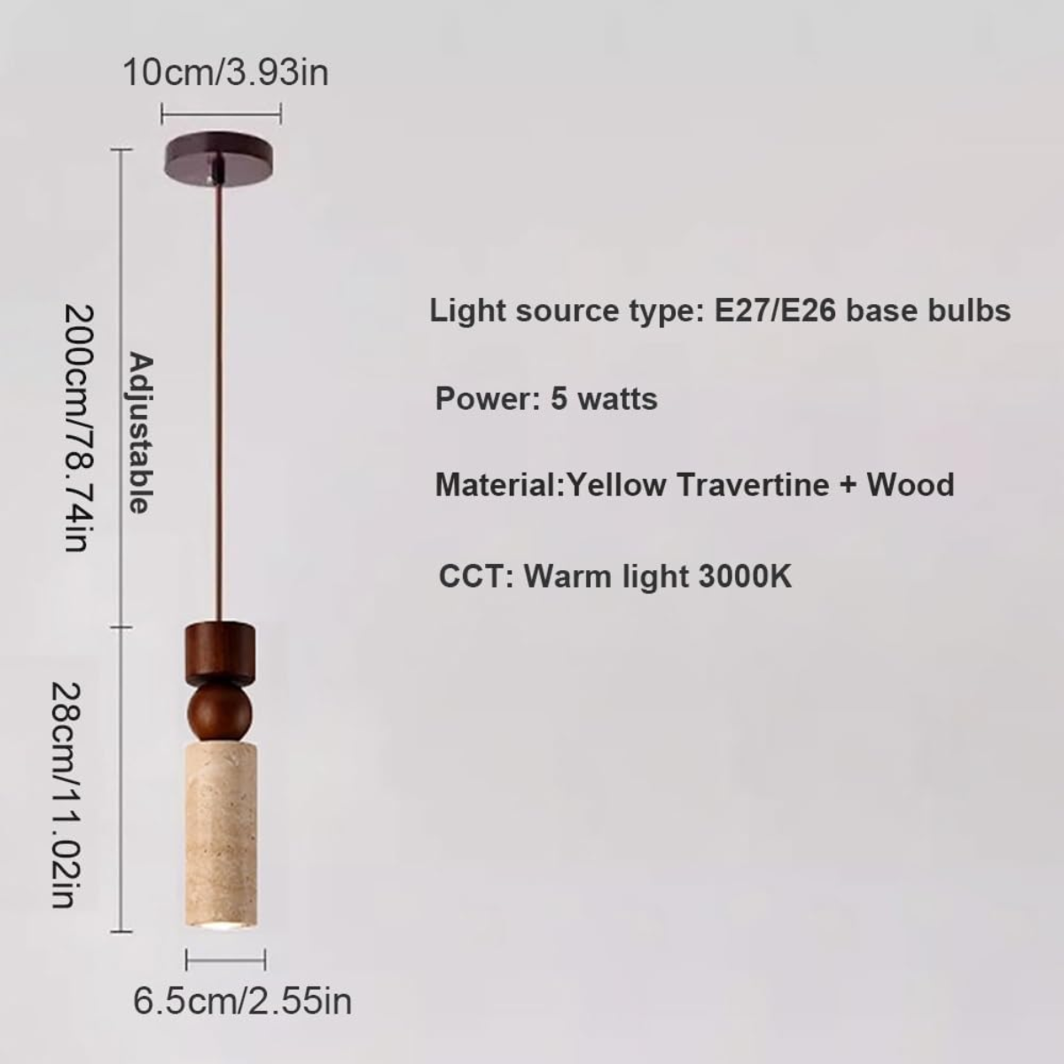 Woodora Travertine & Walnut Wood Pendant Light dimensions - D6.5cm/2.55in x H28cm/11.02in, cord 200cm/78.74in adjustable, wall box D10cm/3.93in