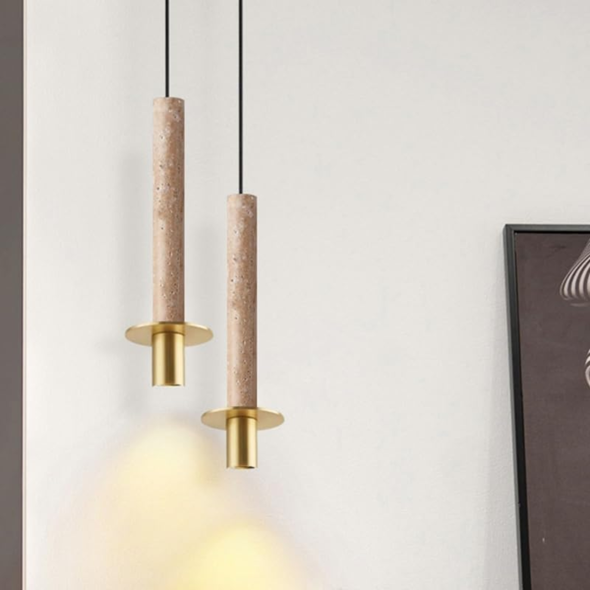 Aurevia Pendant Light Yellow Travertine + Gold - two pendants at different heights against a plain wall