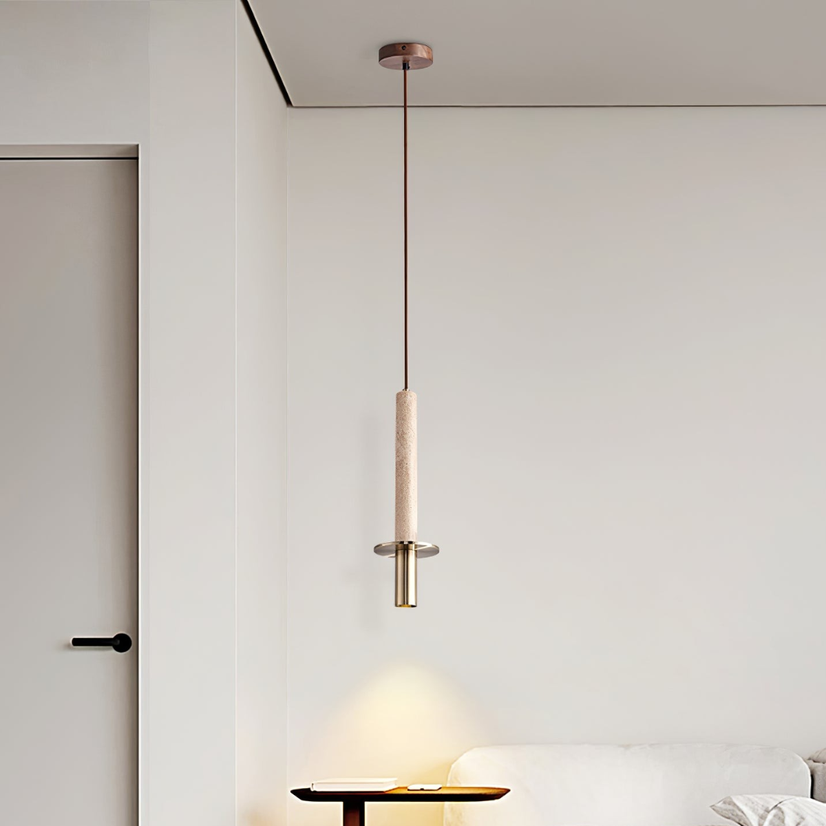 Aurevia Pendant Light Yellow Travertine + Gold - lifestyle above a side table