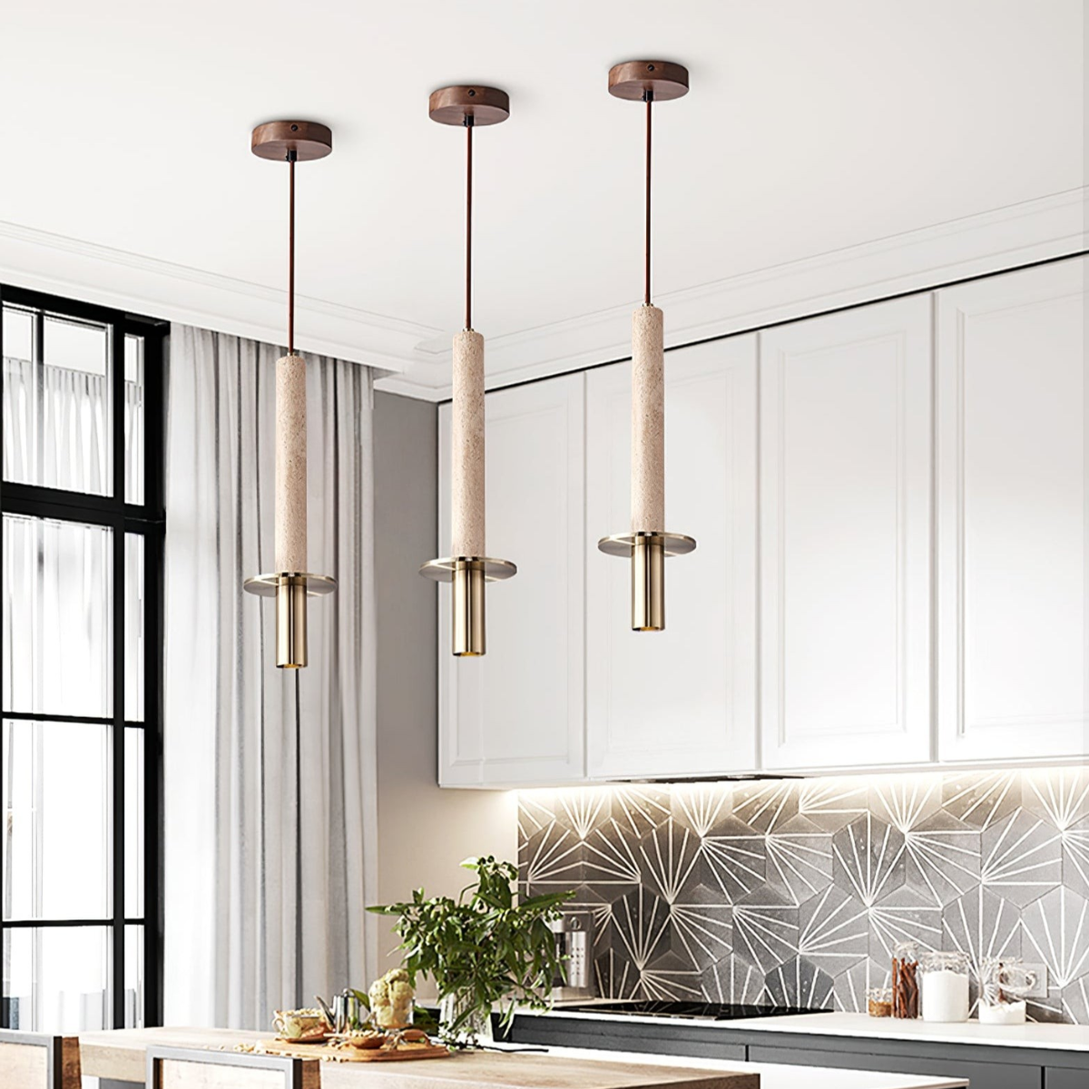 Aurevia Pendant Light Yellow Travertine + Gold - lifestyle three pendants above a dining table