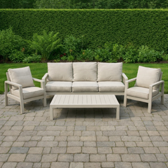Beige aluminum garden sofa set with weather-resistant cushions