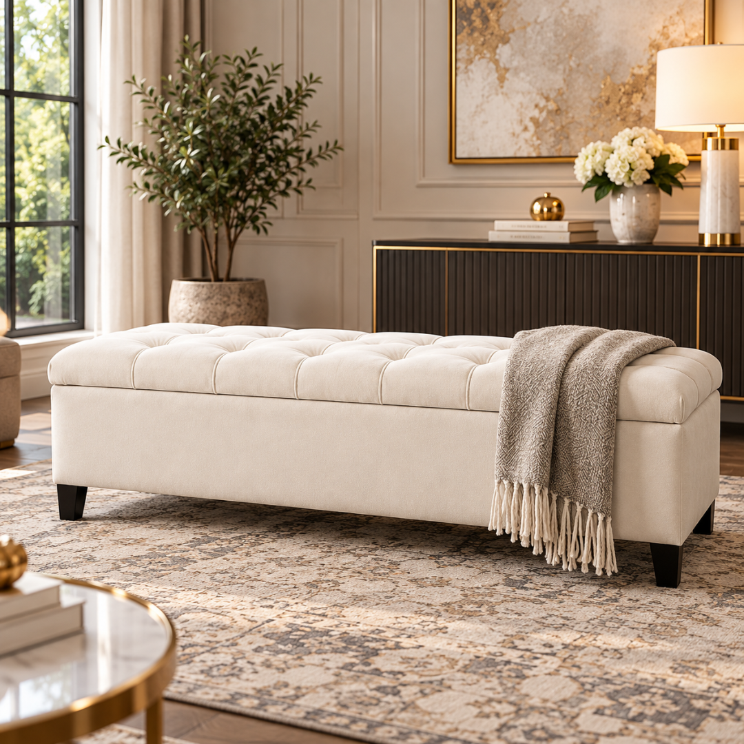 Wooden Twist Zelja ivory tufted velvet storage bench – lifestyle view in living room with throw