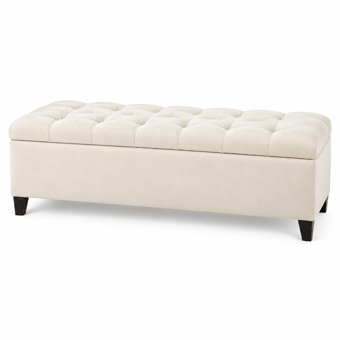Wooden Twist Zelja ivory velvet storage bench – angled view on white background