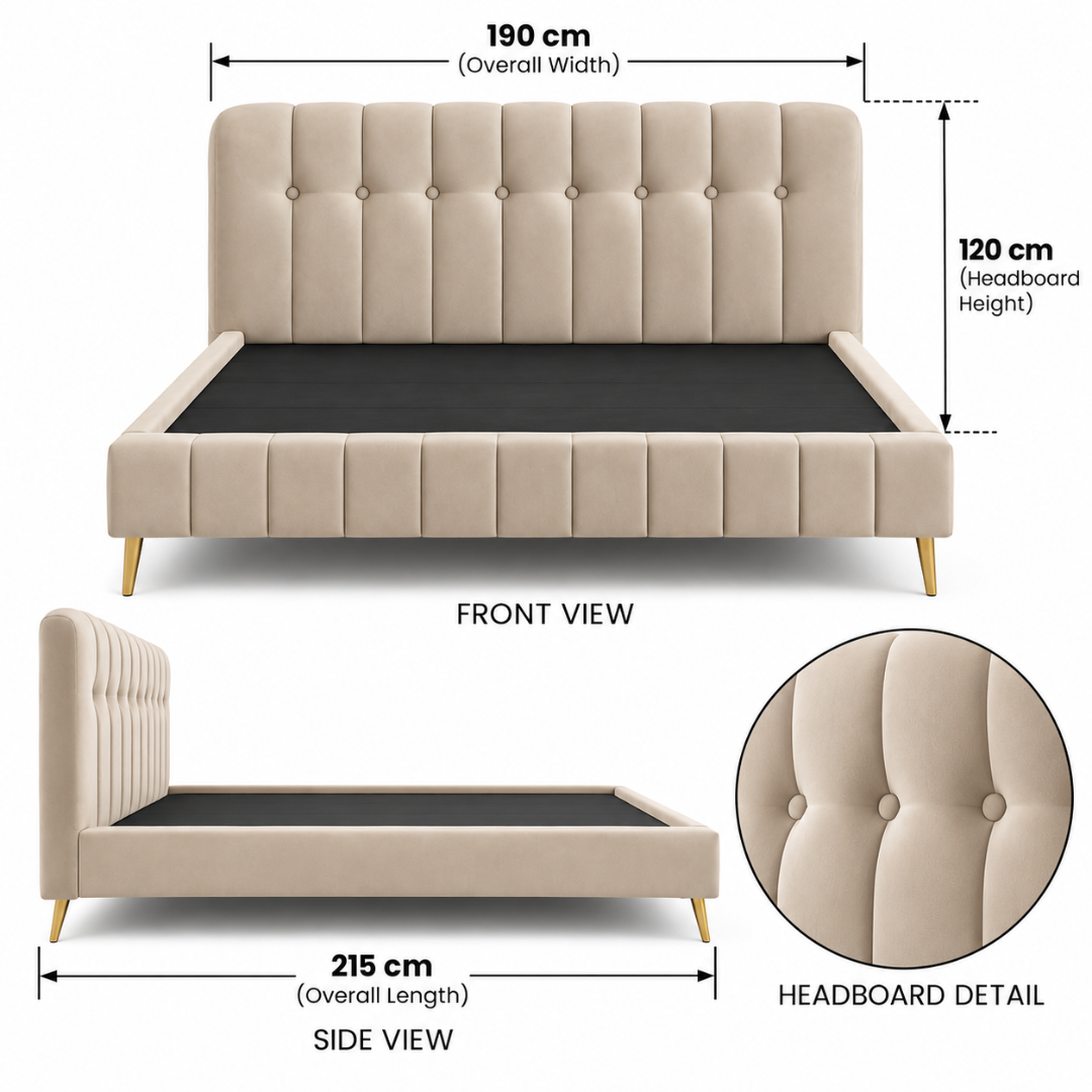 Wooden Twist Button Tufted Channel Suede Bed Beige – King dimensions 190 x 215 x 120 cm