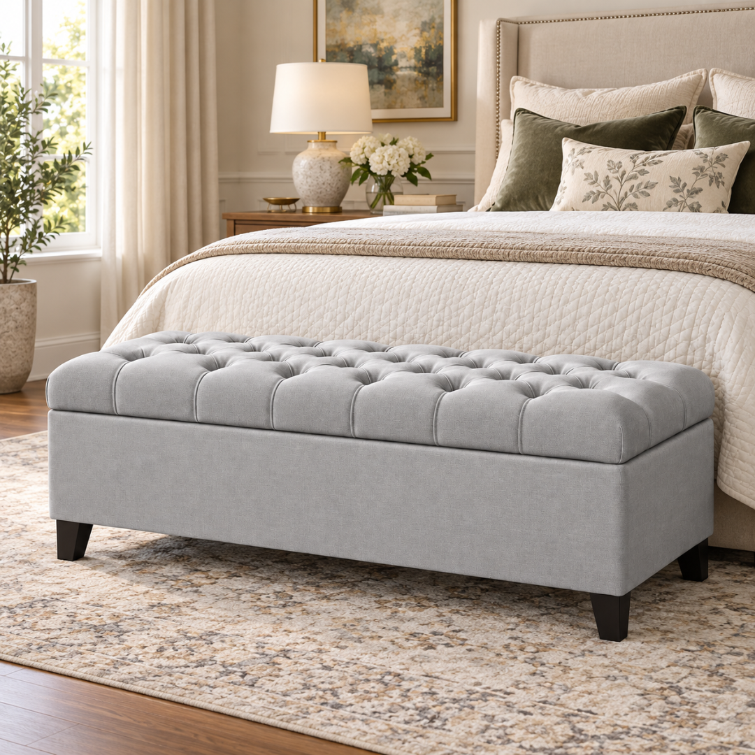 Wooden Twist Zelja velvet flip top storage bench in light gray – lifestyle view at the foot of a bed