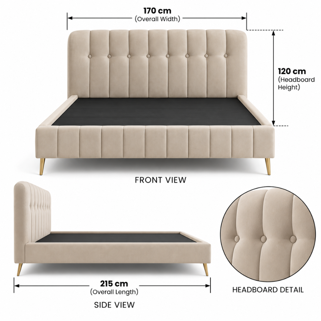 Wooden Twist Button Tufted Channel Suede Bed Beige – Queen 160 dimensions 170 x 215 x 120 cm