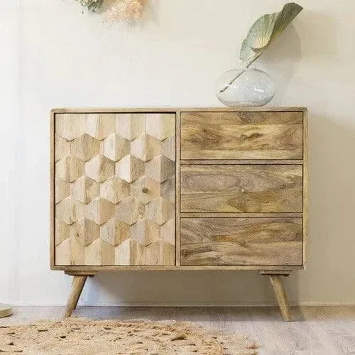 Wooden Twist Pentagonal Hand-Carved Sideboard Cabinet with 1 Door & 3 Drawers - Wooden Twist UAE
