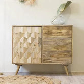 Wooden Twist Pentagonal Hand-Carved Sideboard Cabinet with 1 Door & 3 Drawers - Wooden Twist UAE