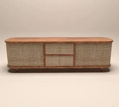 Wooden Twist Curve Rattan Cane Rosewood TV Unit Cabinet with 2 Drawers & 2 Doors Elegant Storage and Style for Your Living Space - Wooden Twist UAE