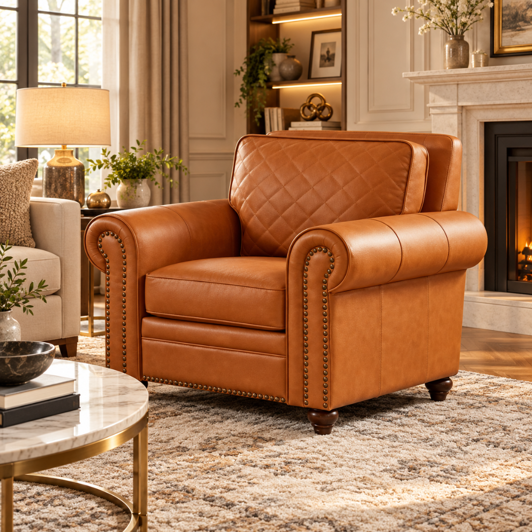 Wooden Twist Grace Quilted Brown Armchair – Living Room Setting