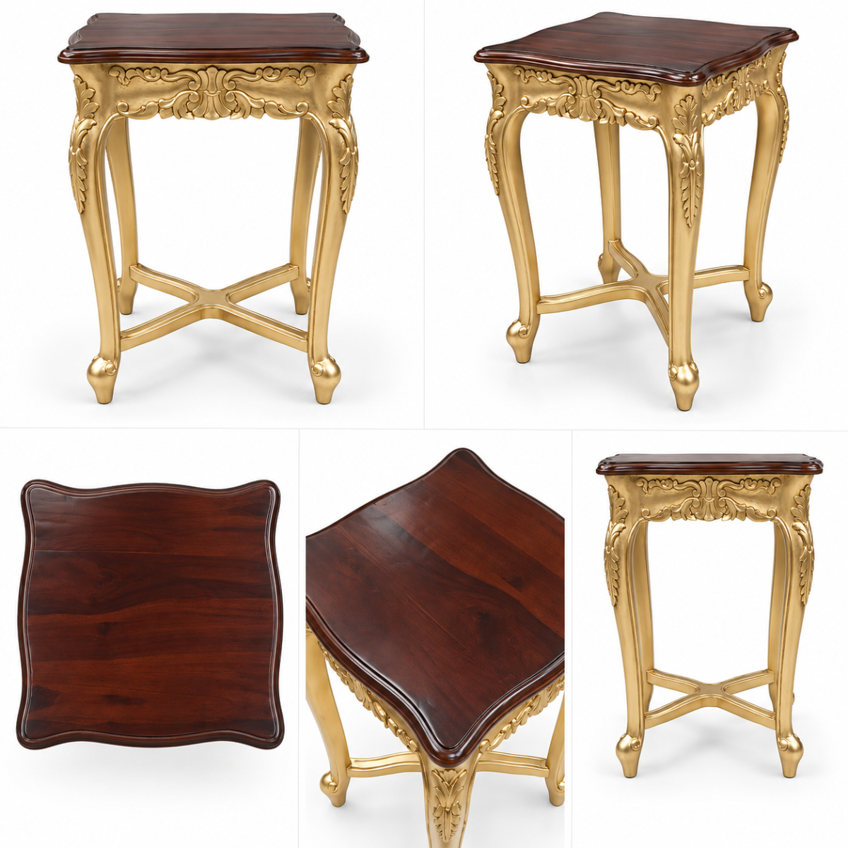 Wooden Twist Elegant Baroque Carved End Table – multi-angle view showing carved gold apron, cabriole legs, X-stretcher and mahogany wood top