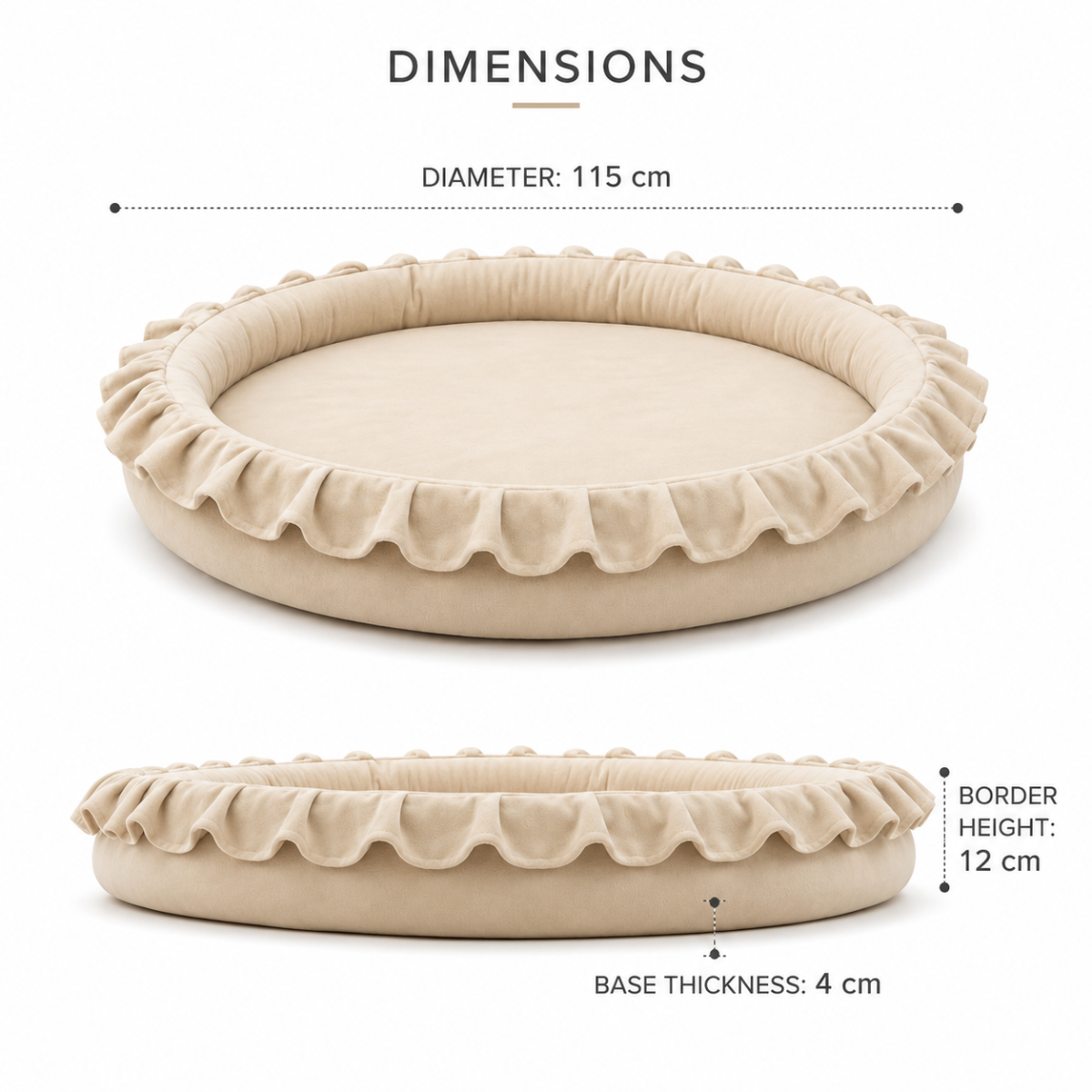 Wooden Twist Beige Velvet Baby Playmat dimensions – 115 cm diameter, 12 cm border height, 4 cm base thickness