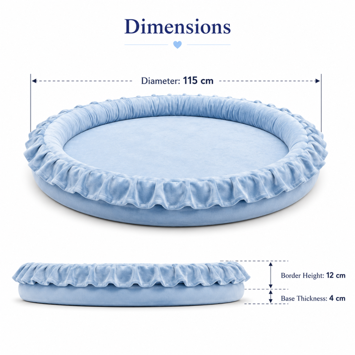 Wooden Twist Blue Velvet Baby Playmat dimensions – 115 cm diameter, 12 cm border height, 4 cm base thickness