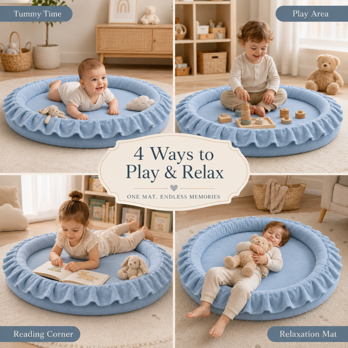 Wooden Twist Blue Velvet Baby Playmat feature callouts – tummy time, play area, reading corner, relaxation mat